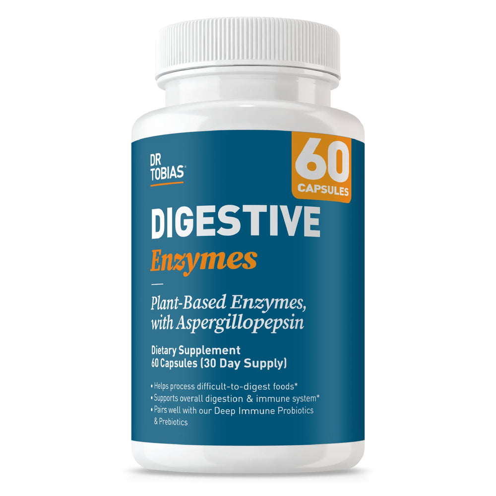 Dr. Tobias Digestive Enzymes bottle front displaying 60 capsules for digestive support.