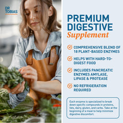 Dr. Tobias Digestive Enzymes bottle with glass illustrating daily use.