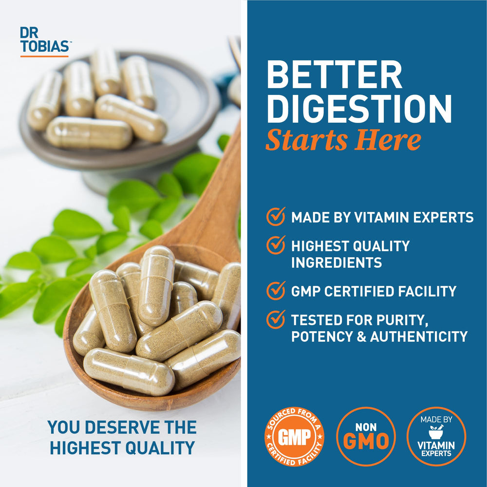Dr. Tobias Digestive Enzymes ingredients panel highlighting plant-based enzymes.