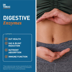 Dr. Tobias Digestive Enzymes label closeup showing an 18-enzyme blend for digestion.
