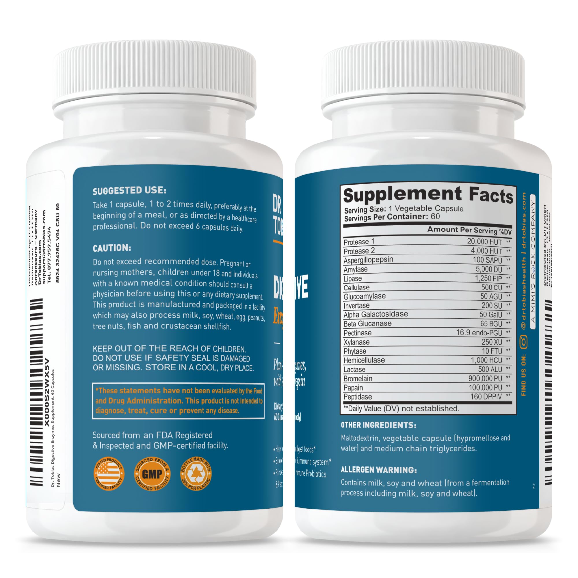 Dr. Tobias Digestive Enzymes open bottle with capsules ready to take.
