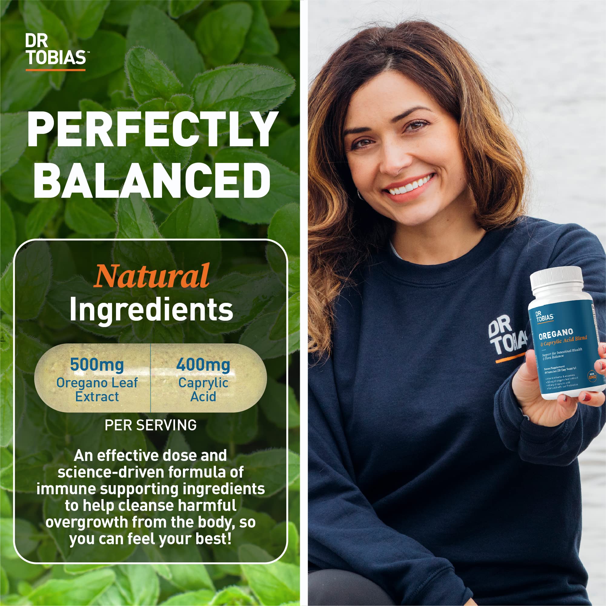 Dr. Tobias gut flora capsule closeup highlights probiotic support.