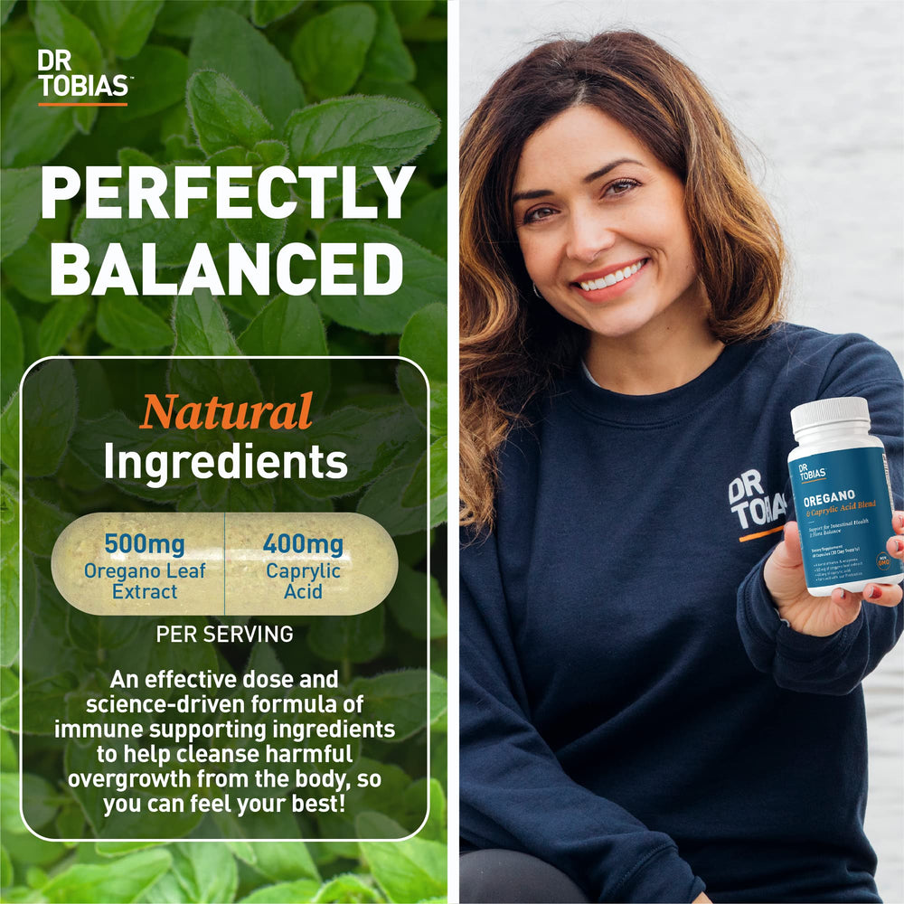 Dr. Tobias gut flora capsule closeup highlights probiotic support.