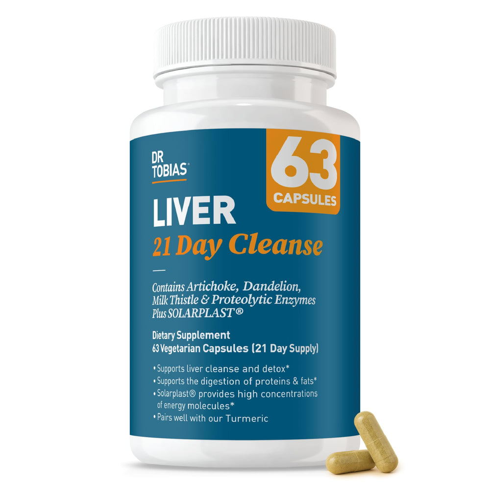 Dr. Tobias Liver 21 Day Cleanse bottle closeup shows detox support and regimen.