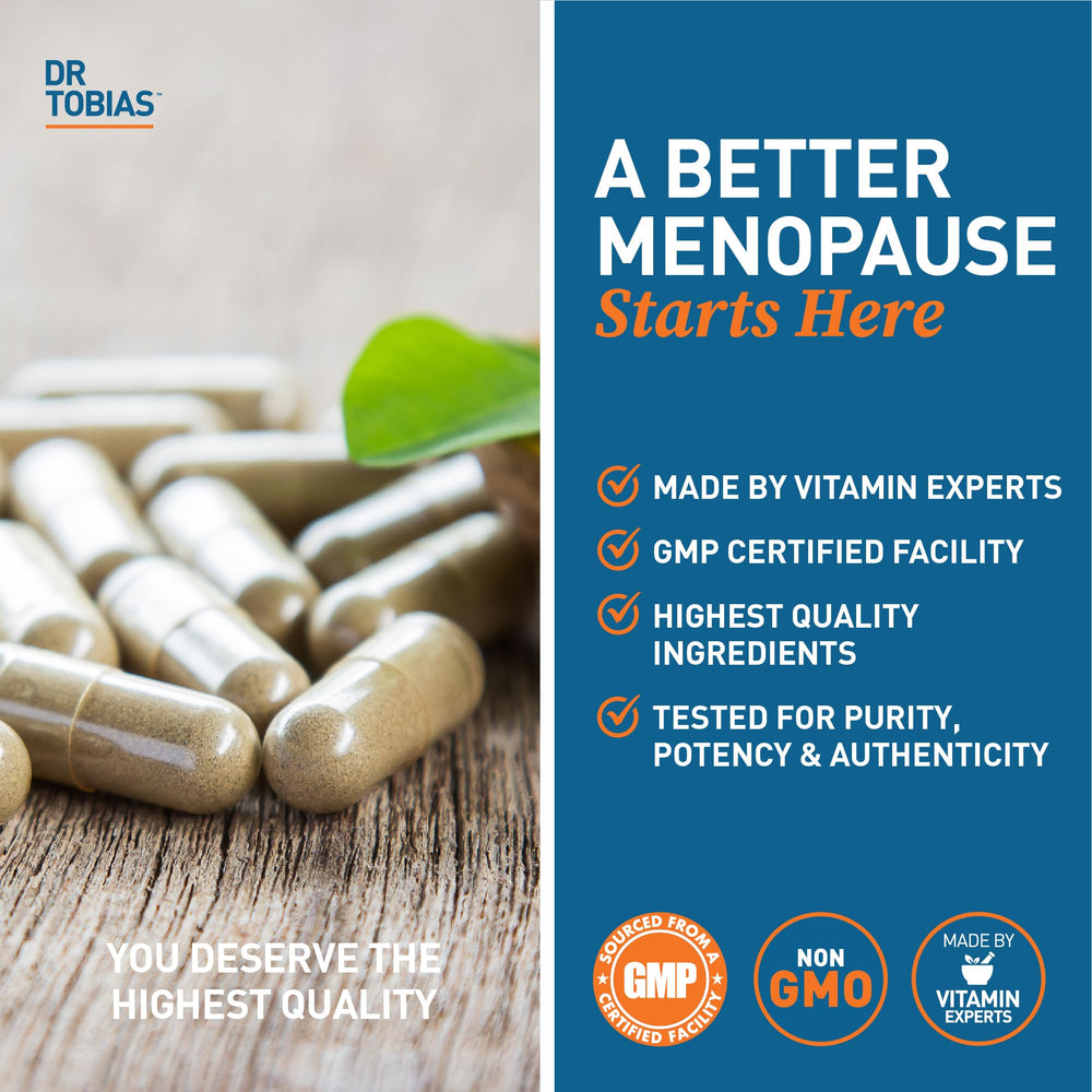 Dr. Tobias Menopause Relief USA-made quality seal and non-GMO indicators