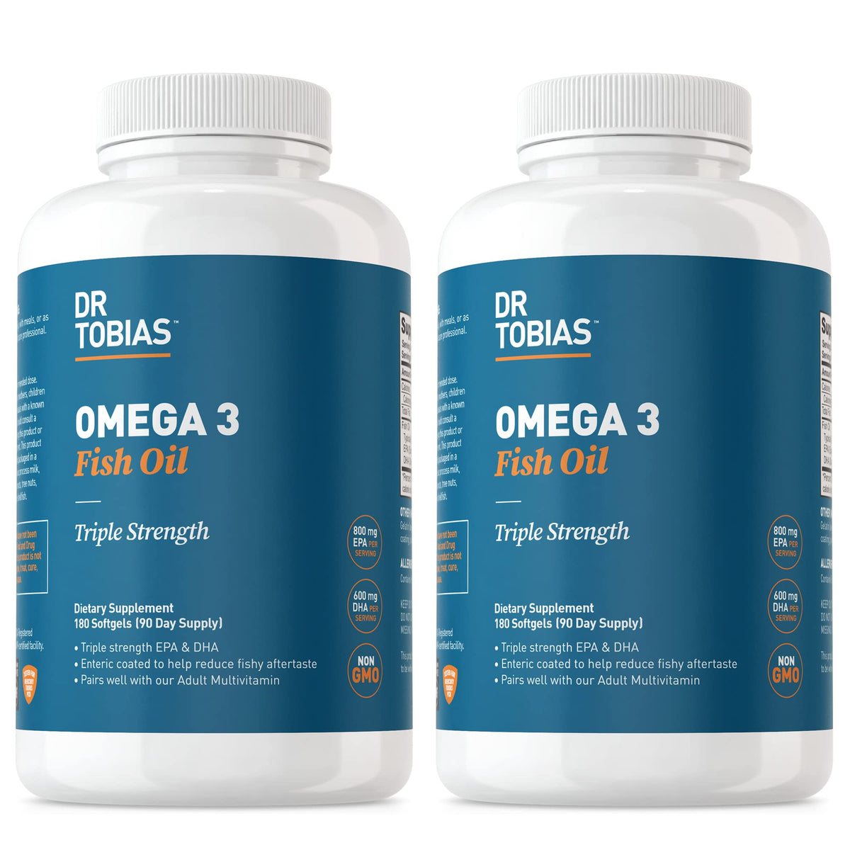 Dr. Tobias Omega 3 2000mg bottle with enteric coating for easy swallowing and no aftertaste.