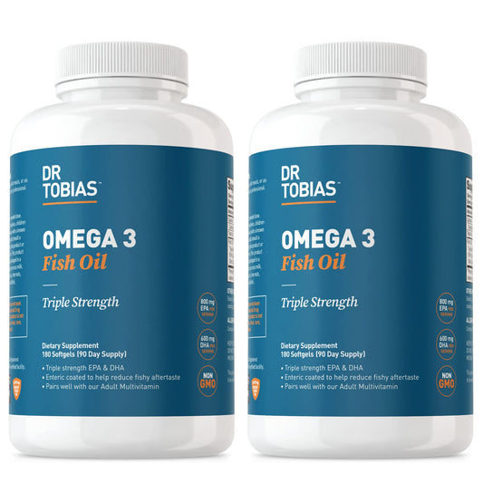 Dr. Tobias Omega 3 2000mg bottle with enteric coating for easy swallowing and no aftertaste.