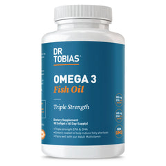 Dr. Tobias Omega-3 fish oil bottle front shows triple strength formula for daily wellness