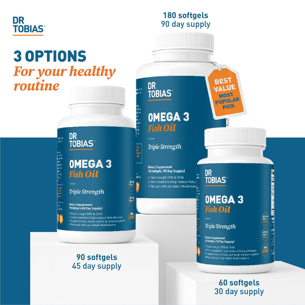 Dr. Tobias Omega 3 two softgels daily dose supports convenient routine.