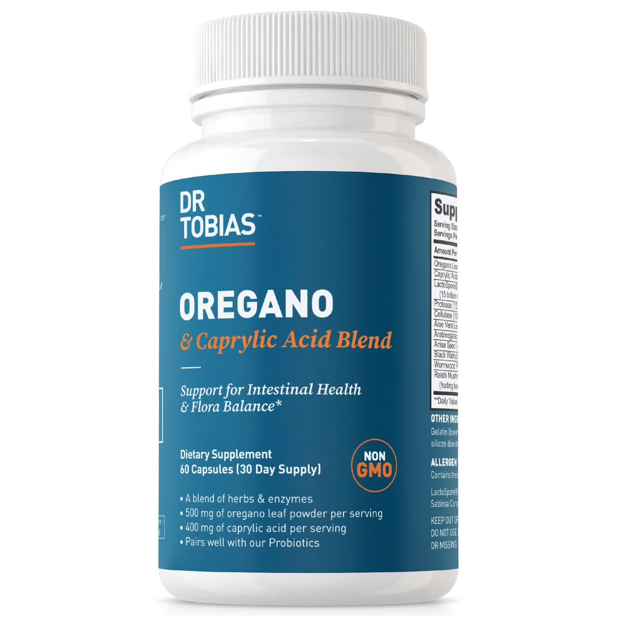 Dr. Tobias Oregano & Caprylic Blend bottle promoting gut health balance.
