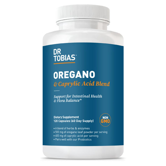 Dr. Tobias oregano-caprylic bottle pour for gut balance.
