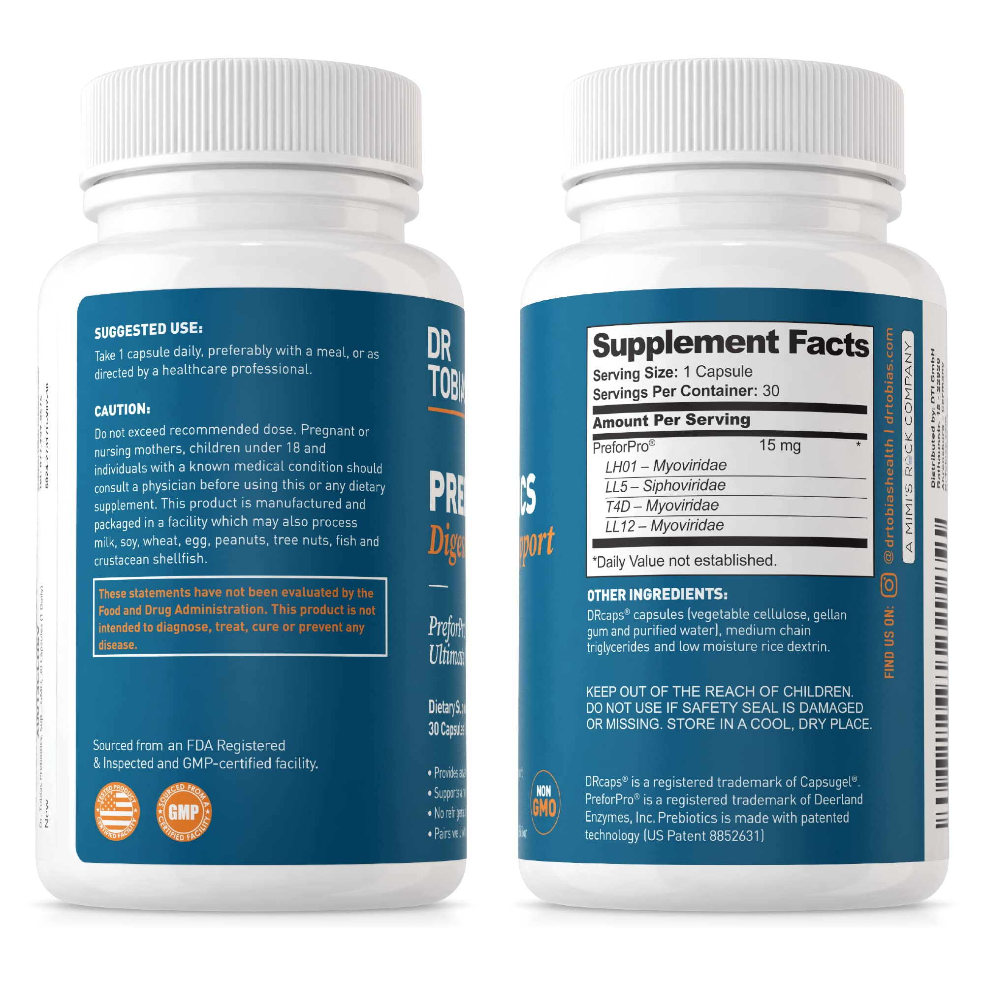 Dr. Tobias Prebiotics box packaging communicates trusted non-GMO wellness for friends and family