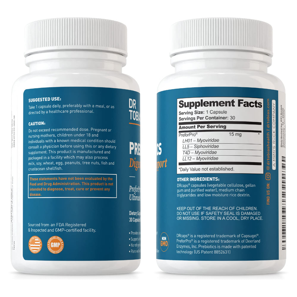 Dr. Tobias Prebiotics box packaging communicates trusted non-GMO wellness for friends and family