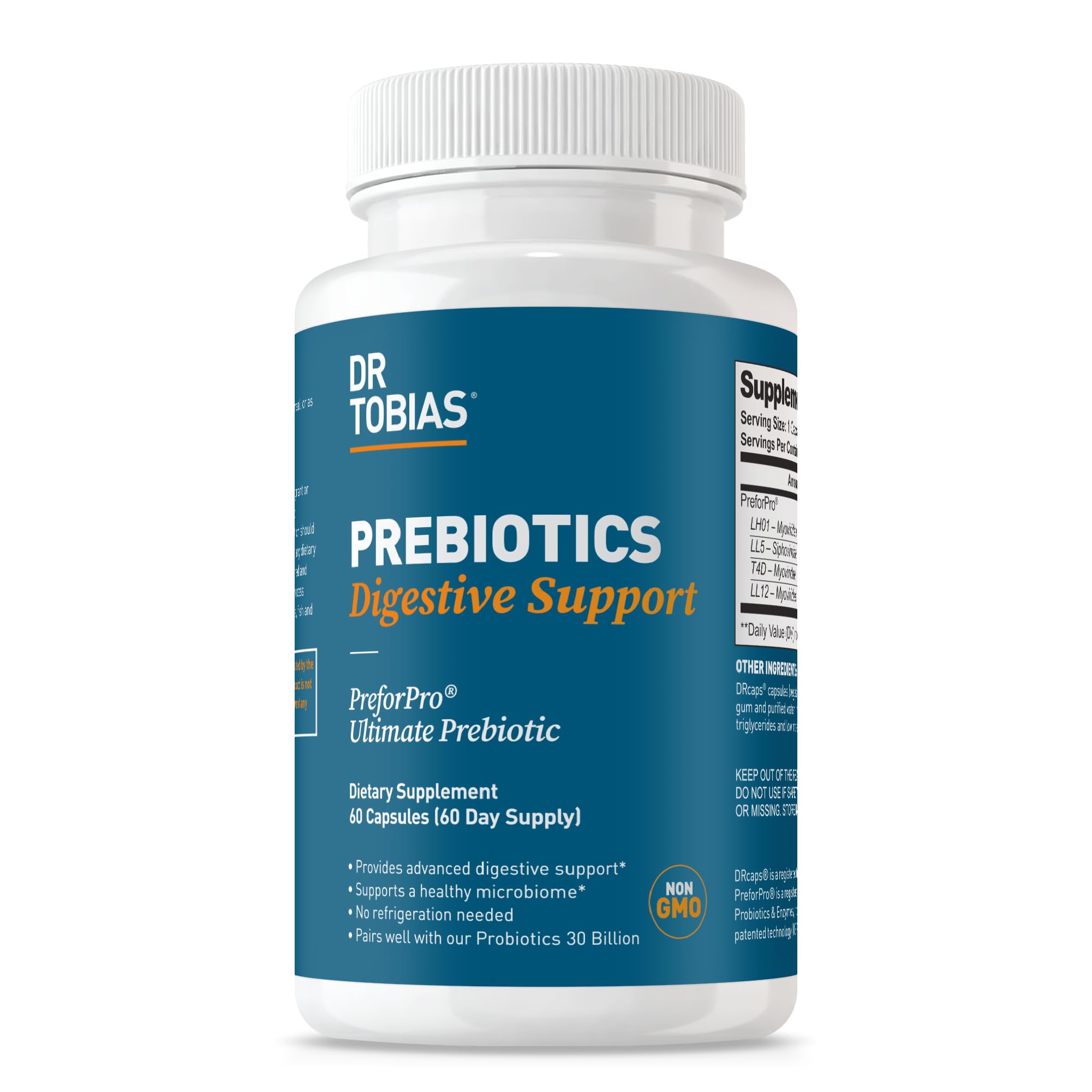 Dr. Tobias Prebiotics digestive support bottle cap showcases easy daily use and gut health focus.