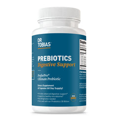 Dr. Tobias Prebiotics digestive support bottle cap showcases easy daily use and gut health focus.