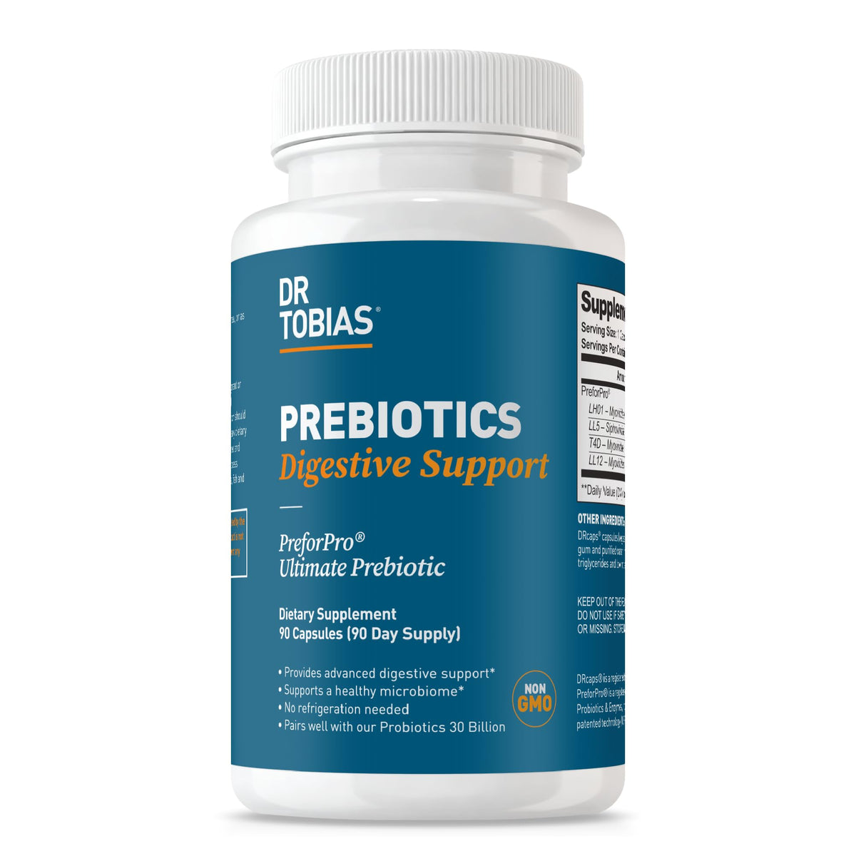 Dr. Tobias Prebiotics bottle on white, emphasizing digestive support
