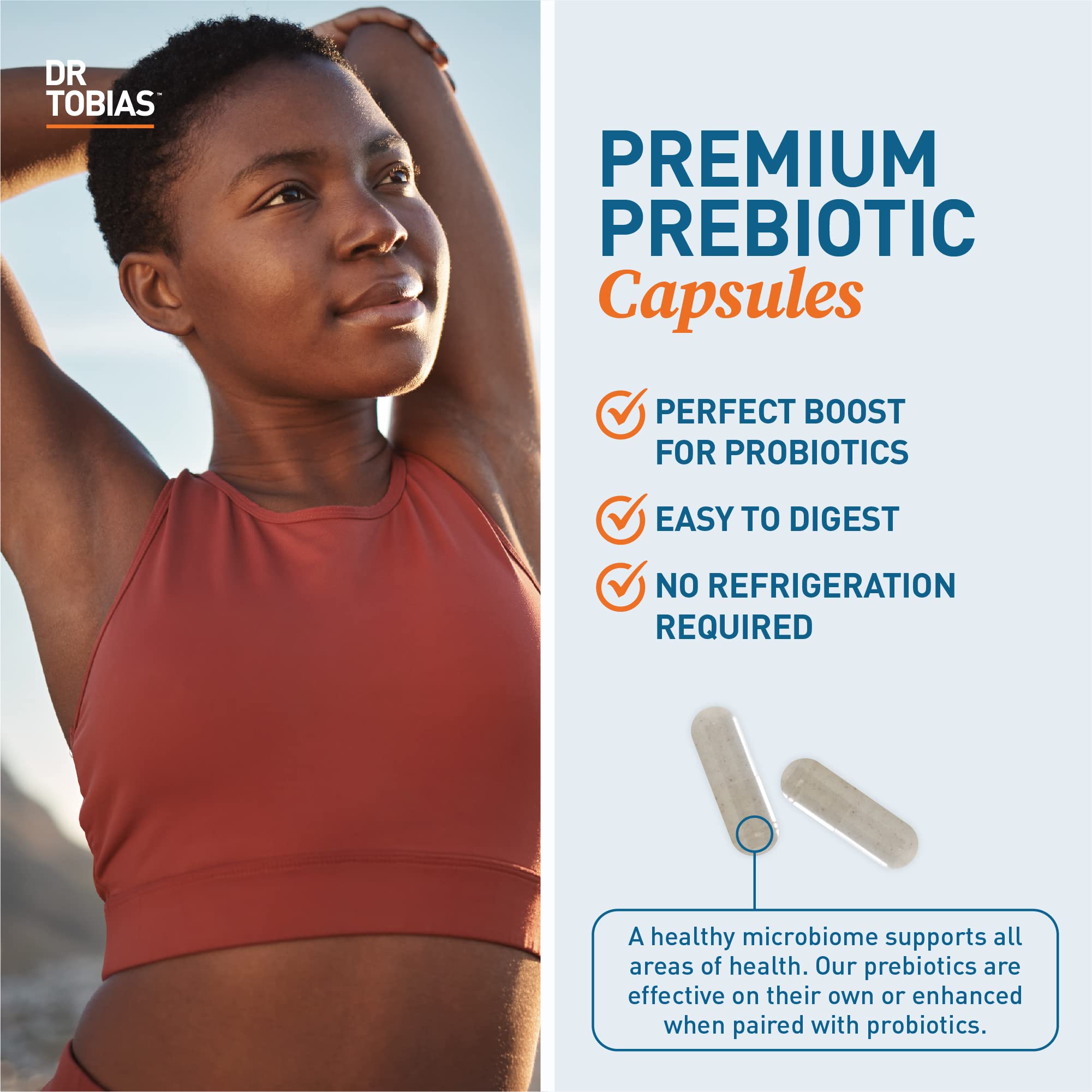 Dr. Tobias Prebiotics digestive support ingredients label featuring PreforPro and non-GMO sourcing.