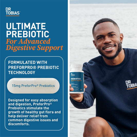 Dr. Tobias Prebiotics digestive support pour demonstrates convenient serving for digestion support.
