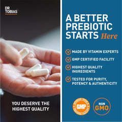Dr. Tobias Prebiotics digestive support bottle with USA-made badge emphasizes high safety standards.