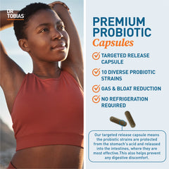 Dr. Tobias Probiotics logo highlights 10 strains for gut diversity