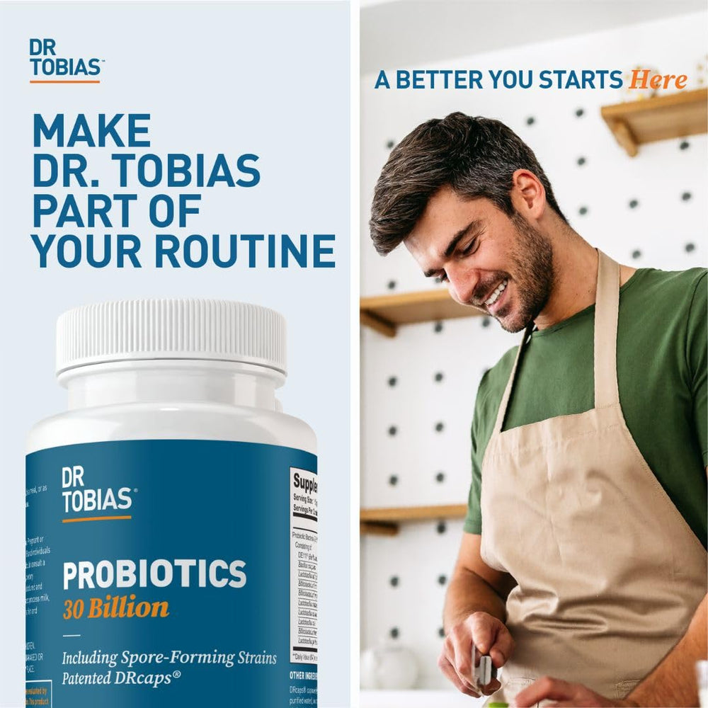 Dr. Tobias Probiotics 30 Billion back-of-pack details showing dosage and strain information.