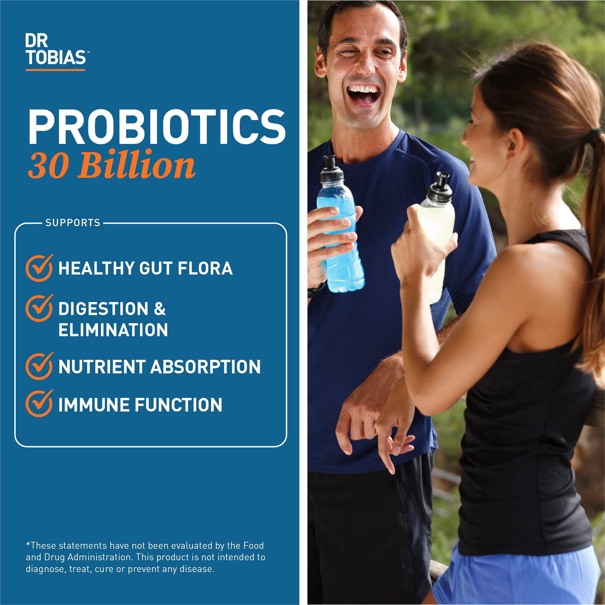 Dr. Tobias Probiotics 30 Billion label closeup emphasizing Lactobacillus Acidophilus and other strains.