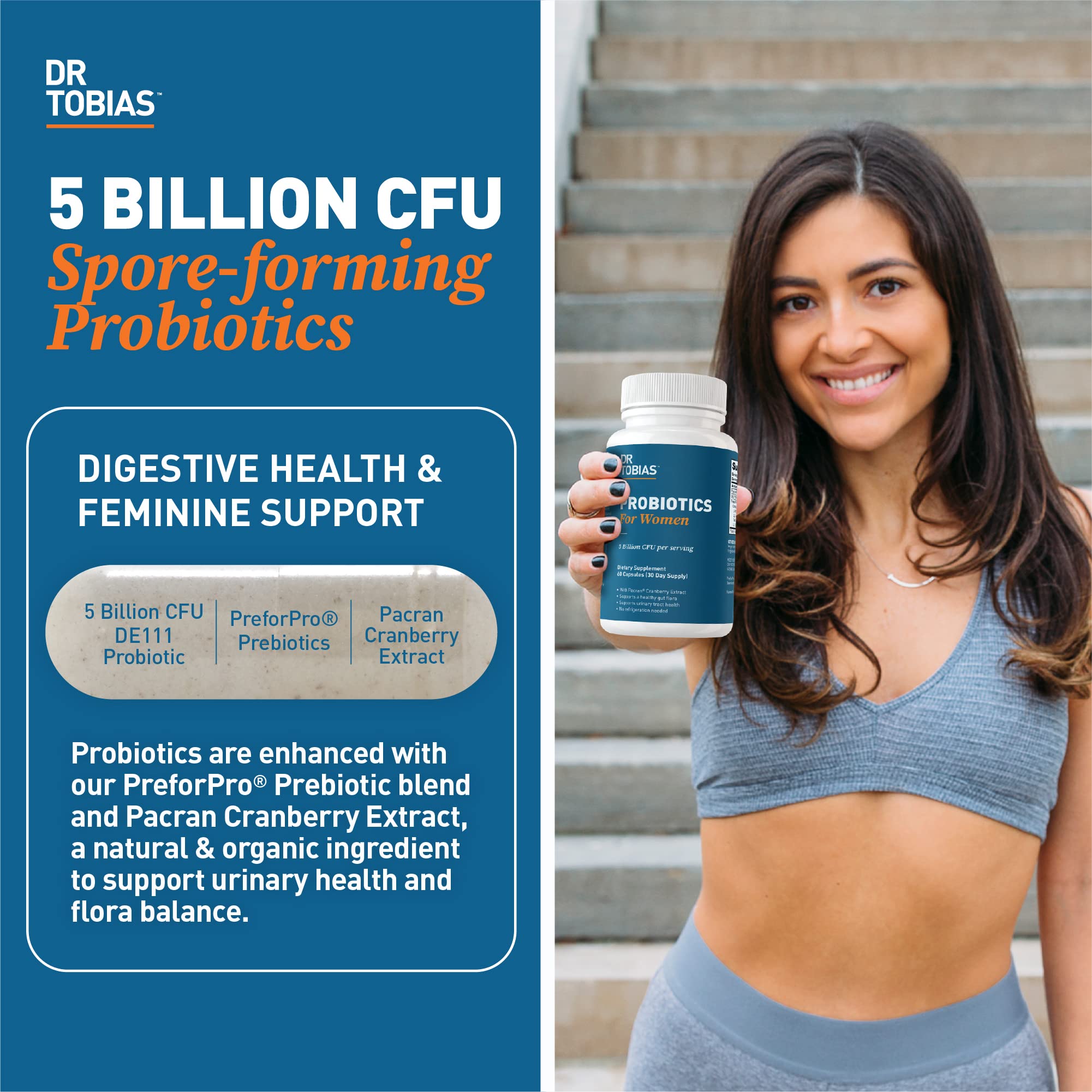 Dr. Tobias Probiotics Women bottle with prebiotic blend promotes urinary health.