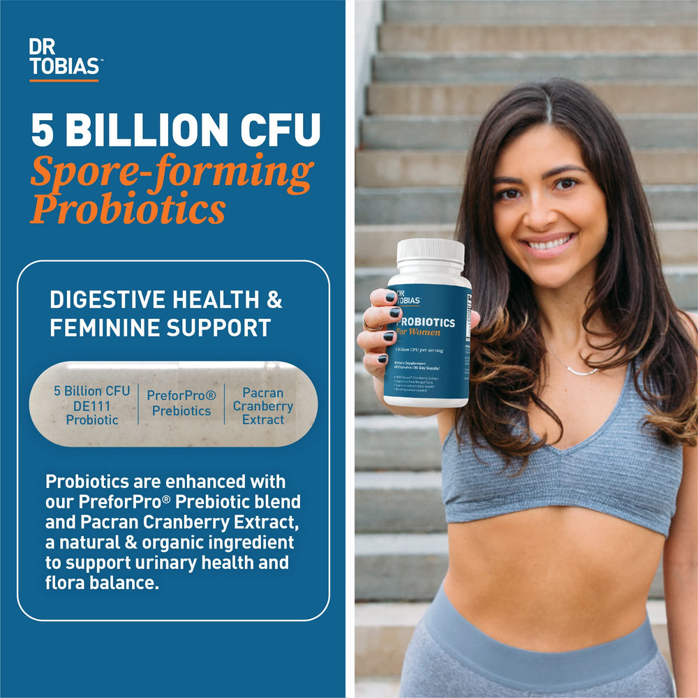 Dr. Tobias Probiotics Women bottle with prebiotic blend promotes urinary health.