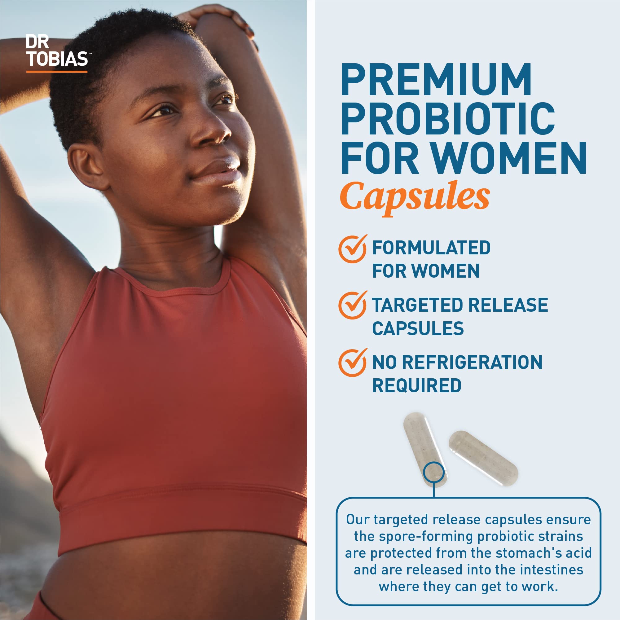 Dr. Tobias Probiotics Women capsule uses spore-forming strains for better absorption.