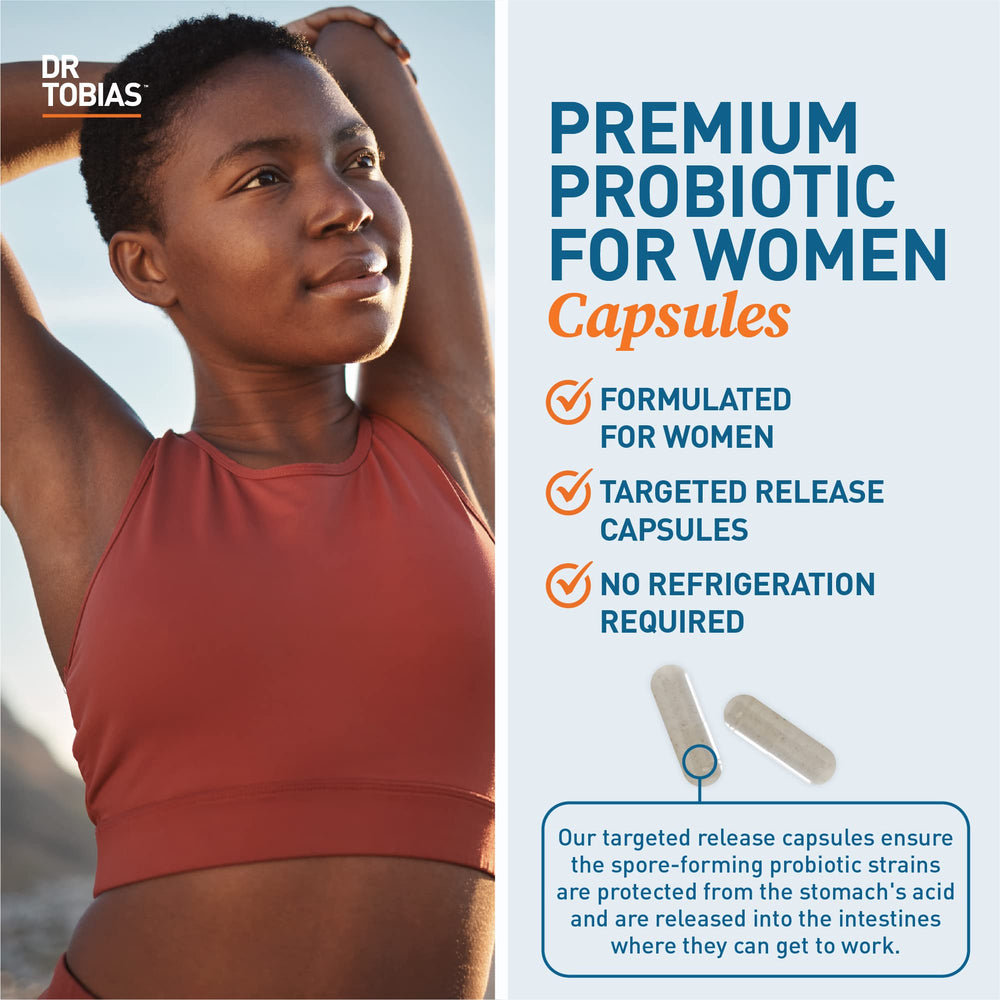 Dr. Tobias Probiotics Women capsule uses spore-forming strains for better absorption.