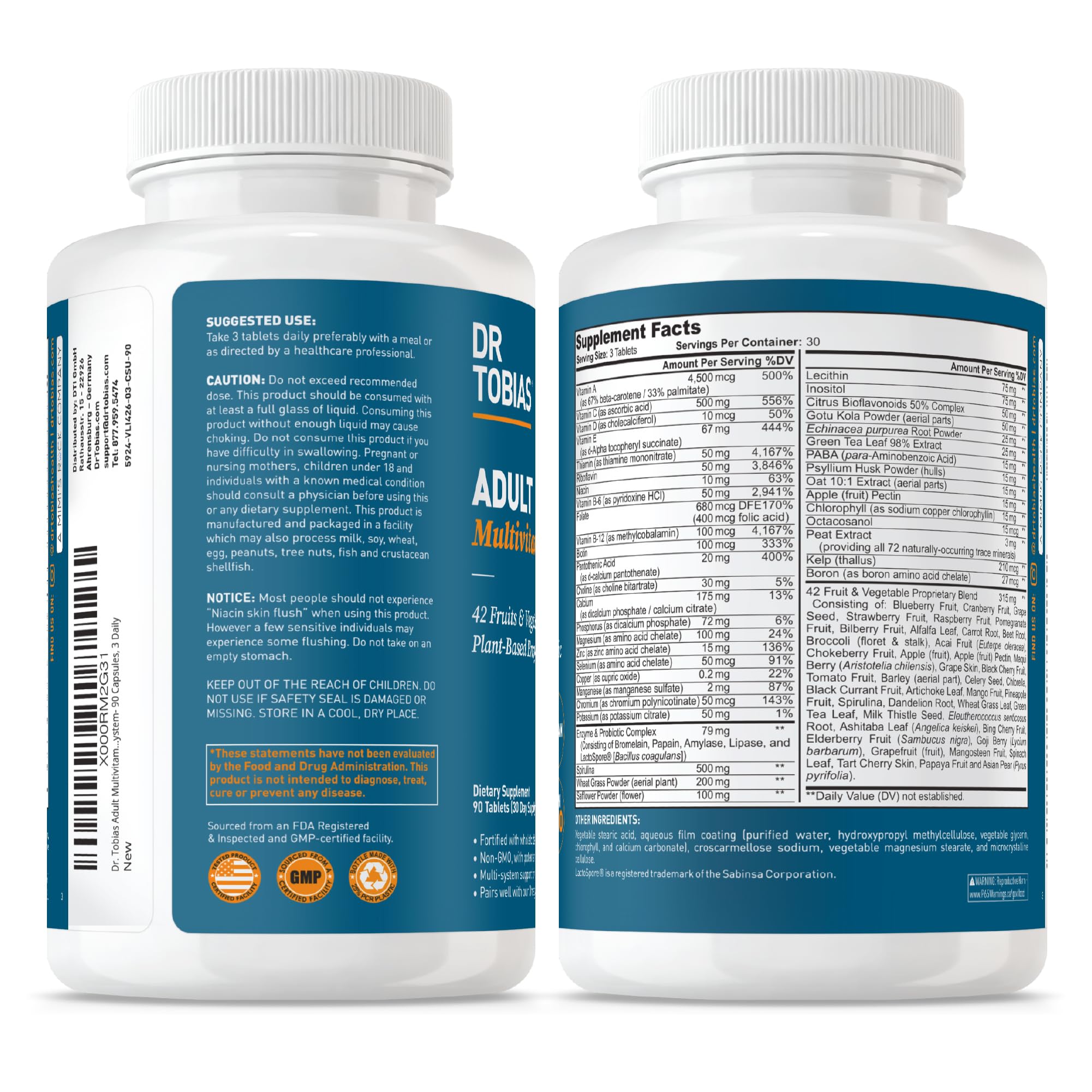Dr. Tobias vegan tablets bottle emphasizing plant-based nutrition.