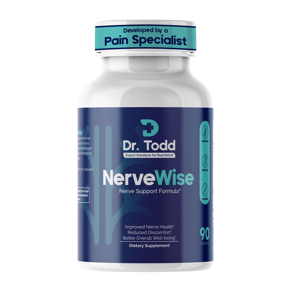 Dr. Todd NerveWise bottle with capsules for daily nerve support.