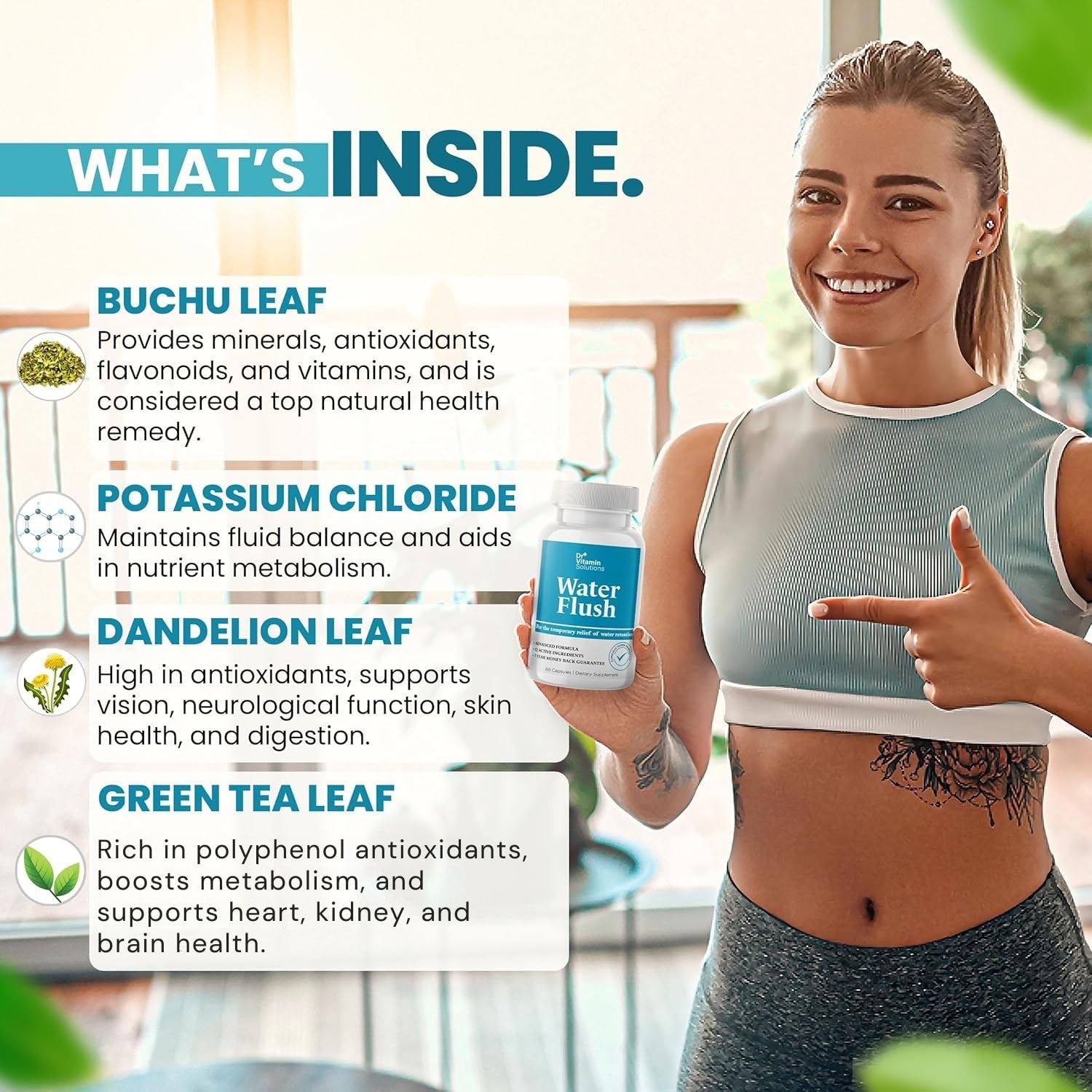 DR VITAMIN SOLUTIONS bloating relief scenario with a fit lifestyle image.