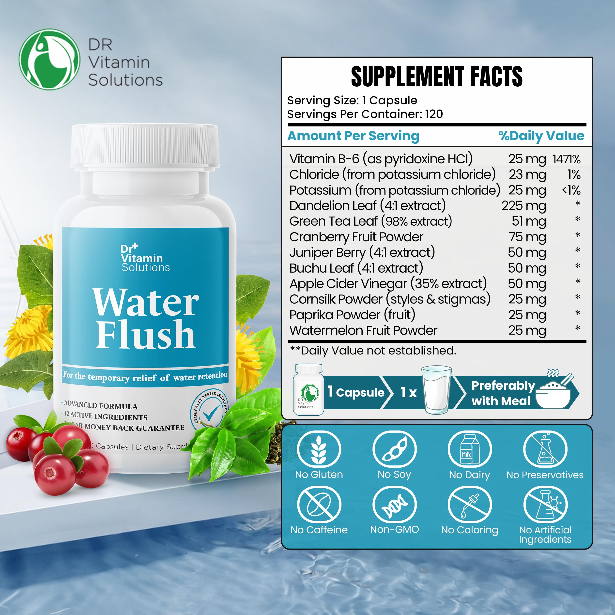DR VITAMIN SOLUTIONS bottle back shows label with natural ingredients for detox support.