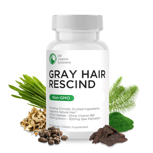 DR VITAMIN SOLUTIONS Gray Hair Rescind bottle supports color maintenance and hair health.