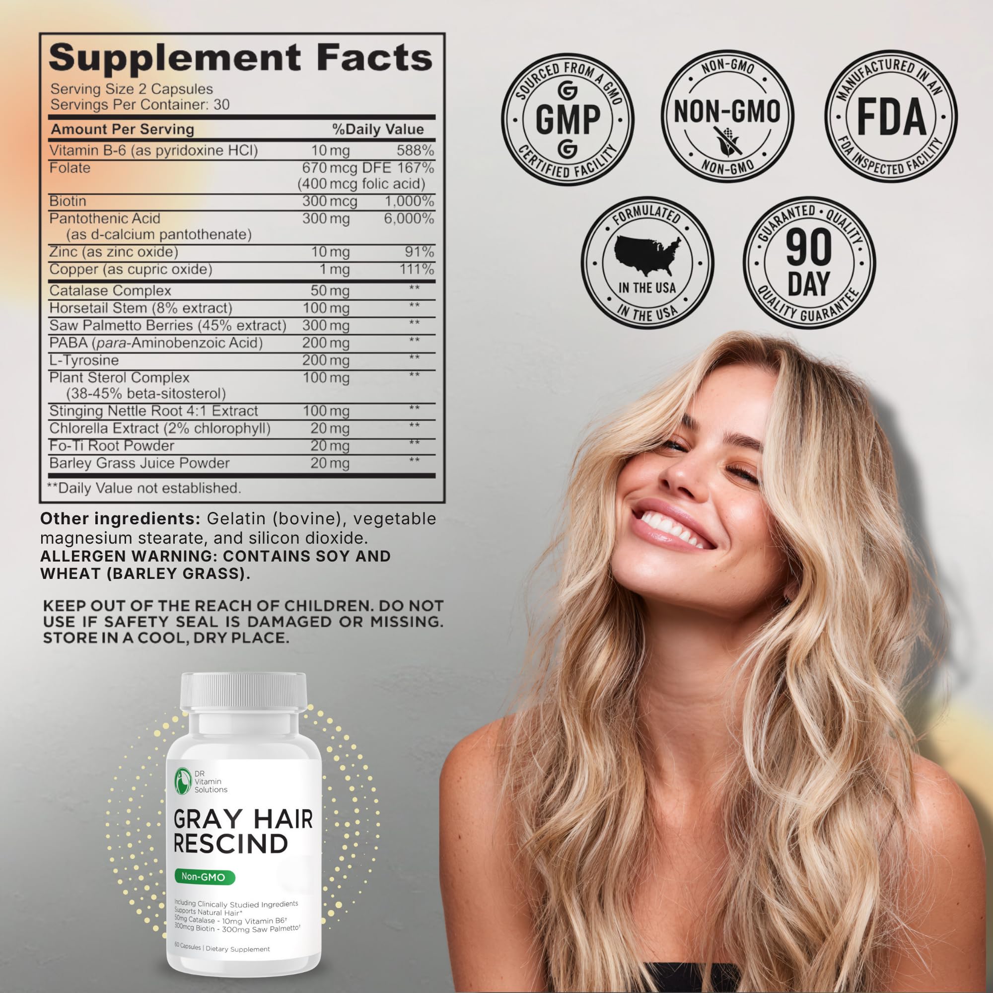 DR VITAMIN SOLUTIONS Gray Hair Rescind capsules shown for daily use with meals.