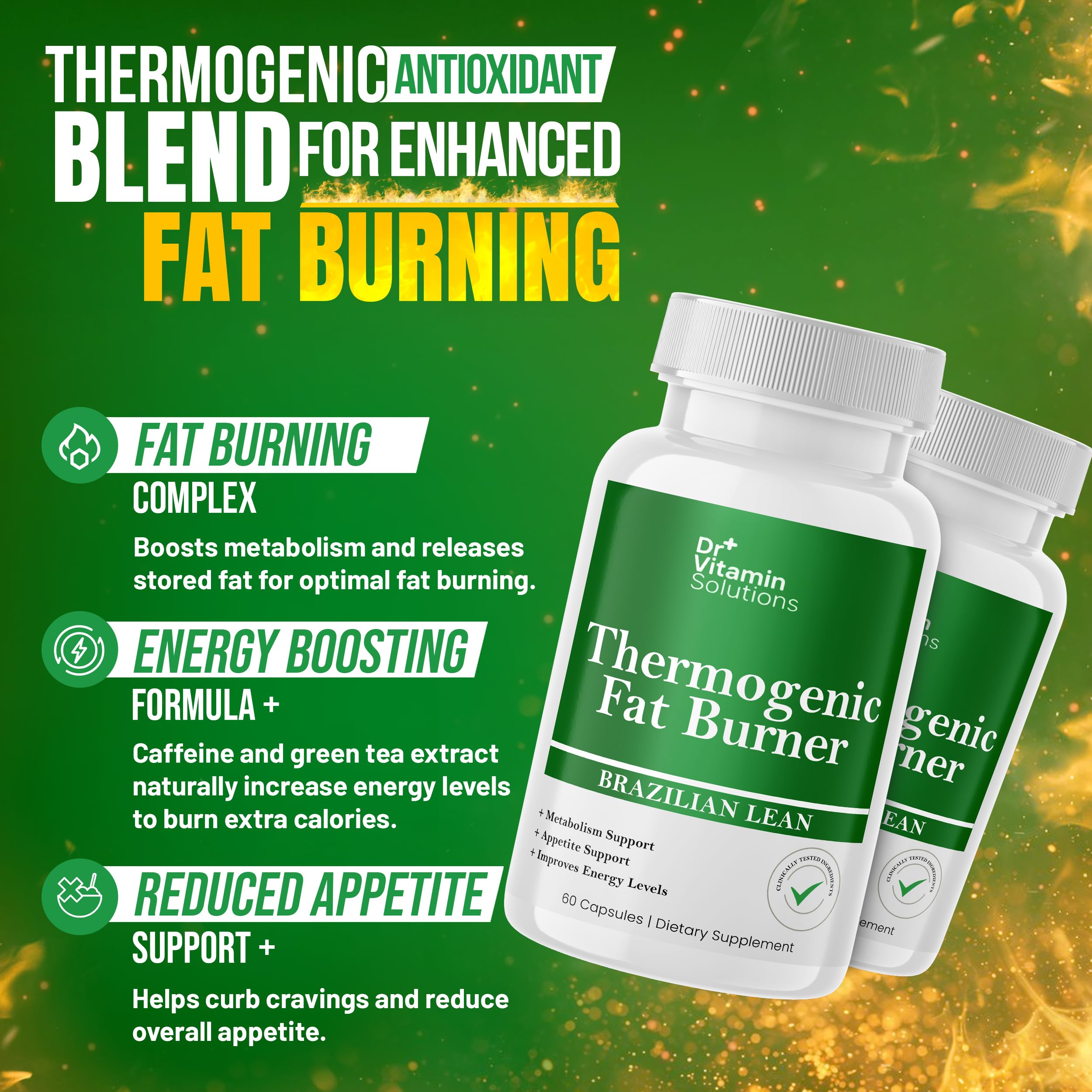 Dr Vitamin Solutions green tea extract highlighting bloating relief and energy support.