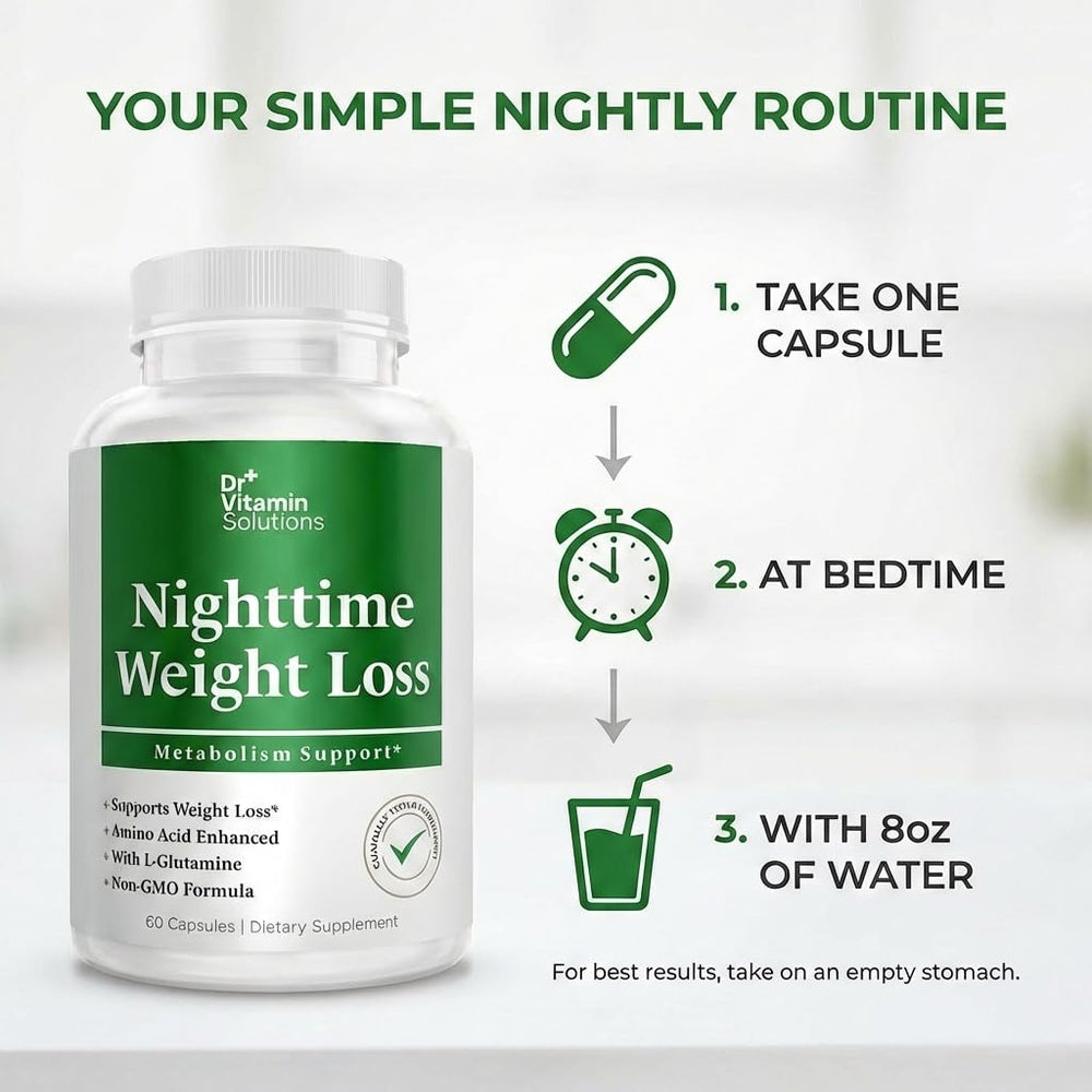 DR VITAMIN SOLUTIONS Nighttime Fat Burner on a bedside table with glass of water