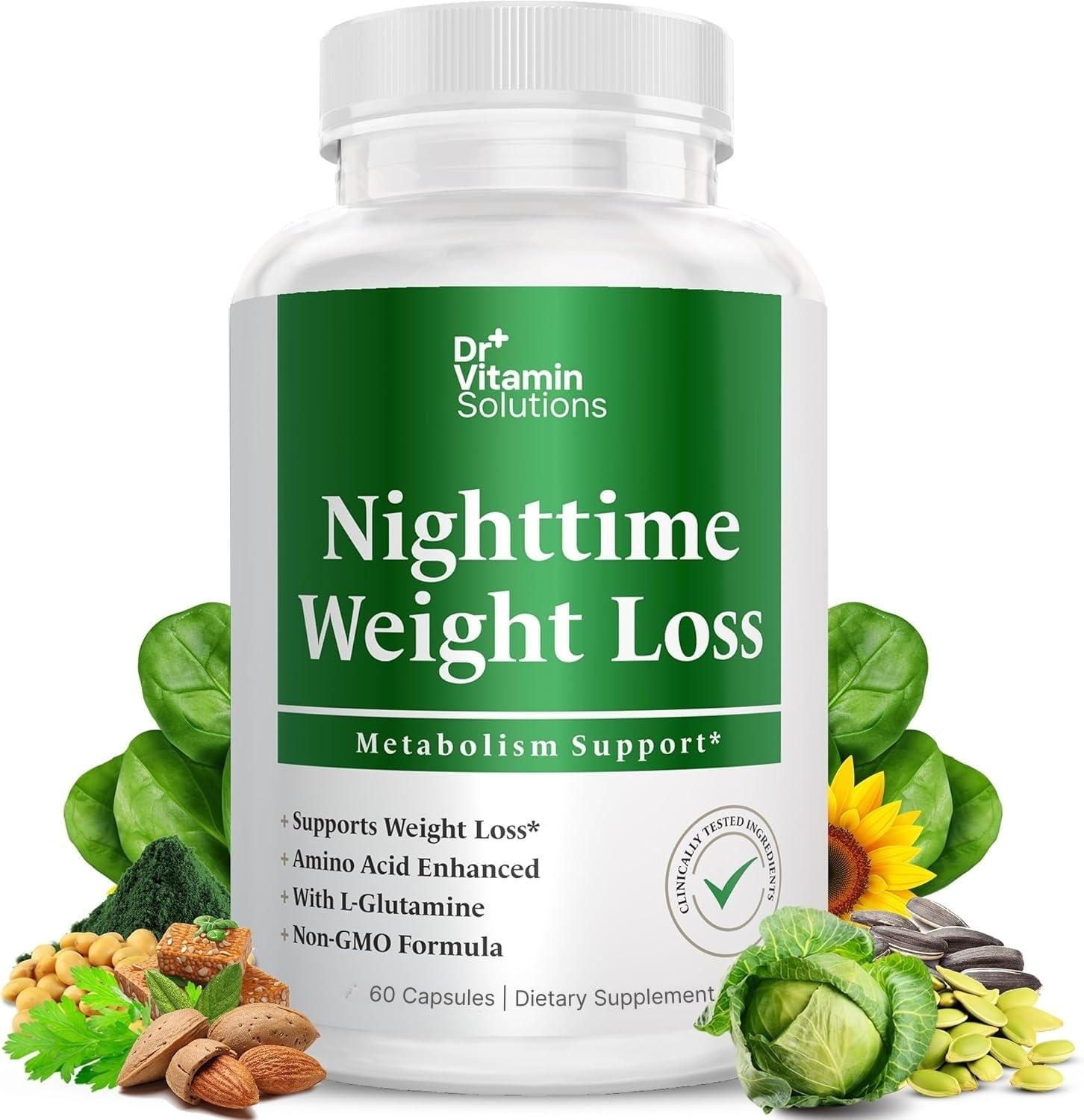 DR VITAMIN SOLUTIONS Nighttime Fat Burner bottle on a clean counter for restful sleep support