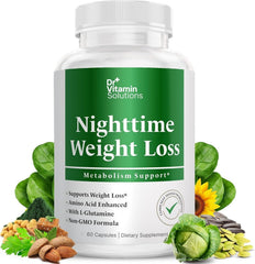DR VITAMIN SOLUTIONS Nighttime Fat Burner bottle on a clean counter for restful sleep support