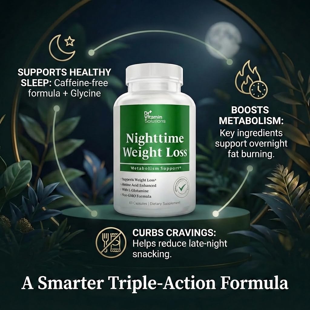 DR VITAMIN SOLUTIONS Nighttime Fat Burner label close-up highlighting gluten-free and caffeine-free formulation