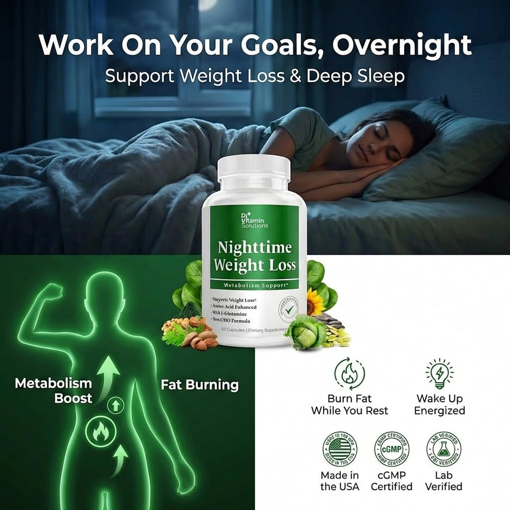 DR VITAMIN SOLUTIONS Nighttime Fat Burner capsules poured into a spoon for easy bedtime use