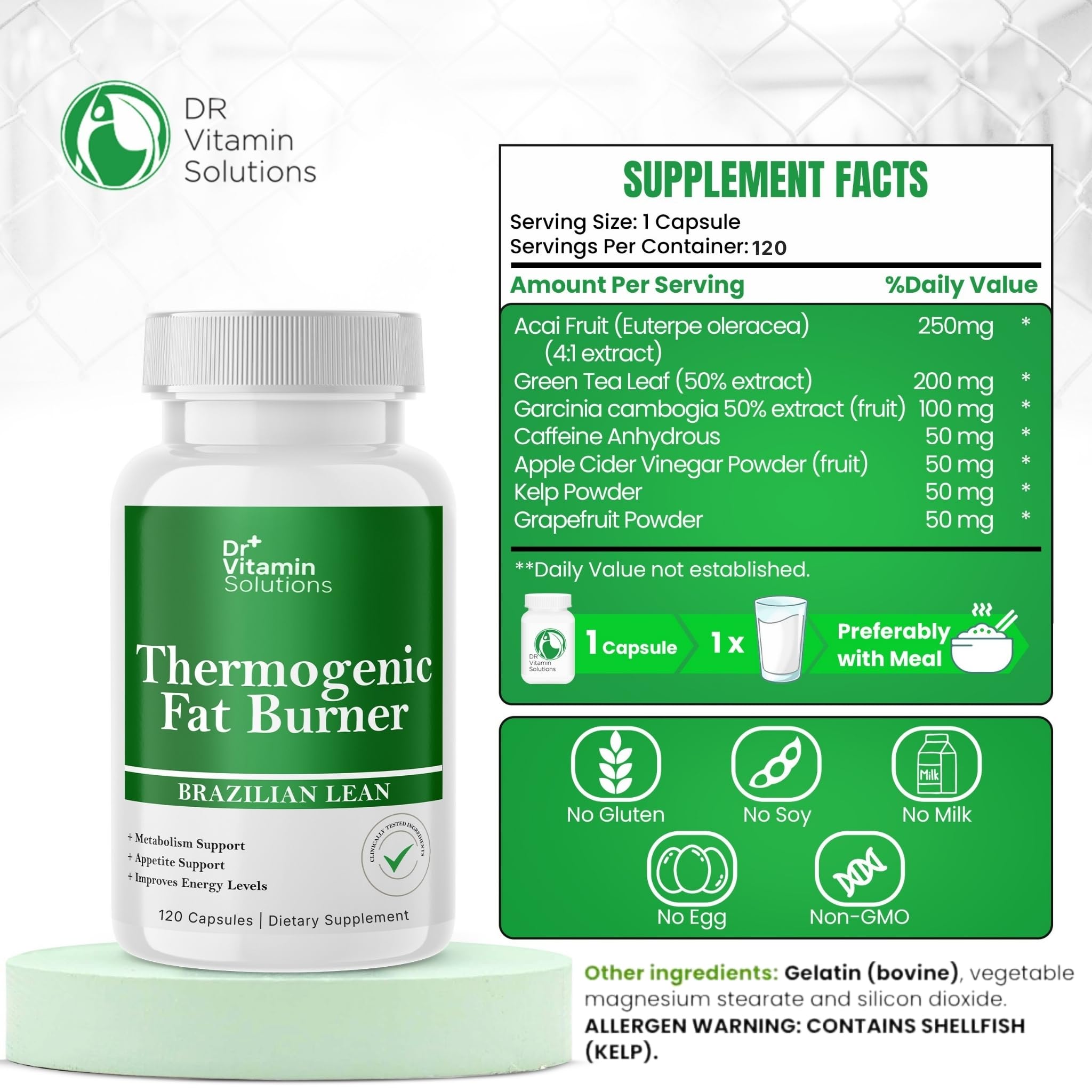 Dr Vitamin Solutions bottle showing Thermogenic Fat Burner label for convenient daily use.
