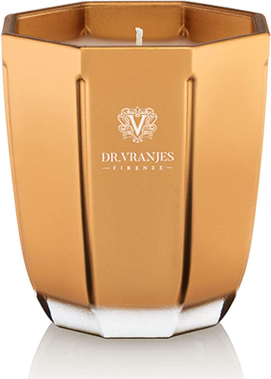 Dr. Vranjes Oro Oud Nobile candle in glass vase enhances luxurious ambiance.