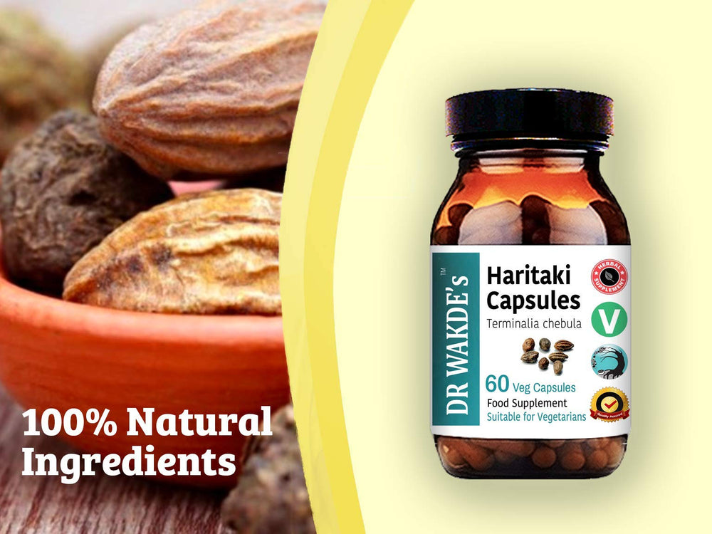 DR WAKDE'S Haritaki capsules ready for everyday use in a routine.