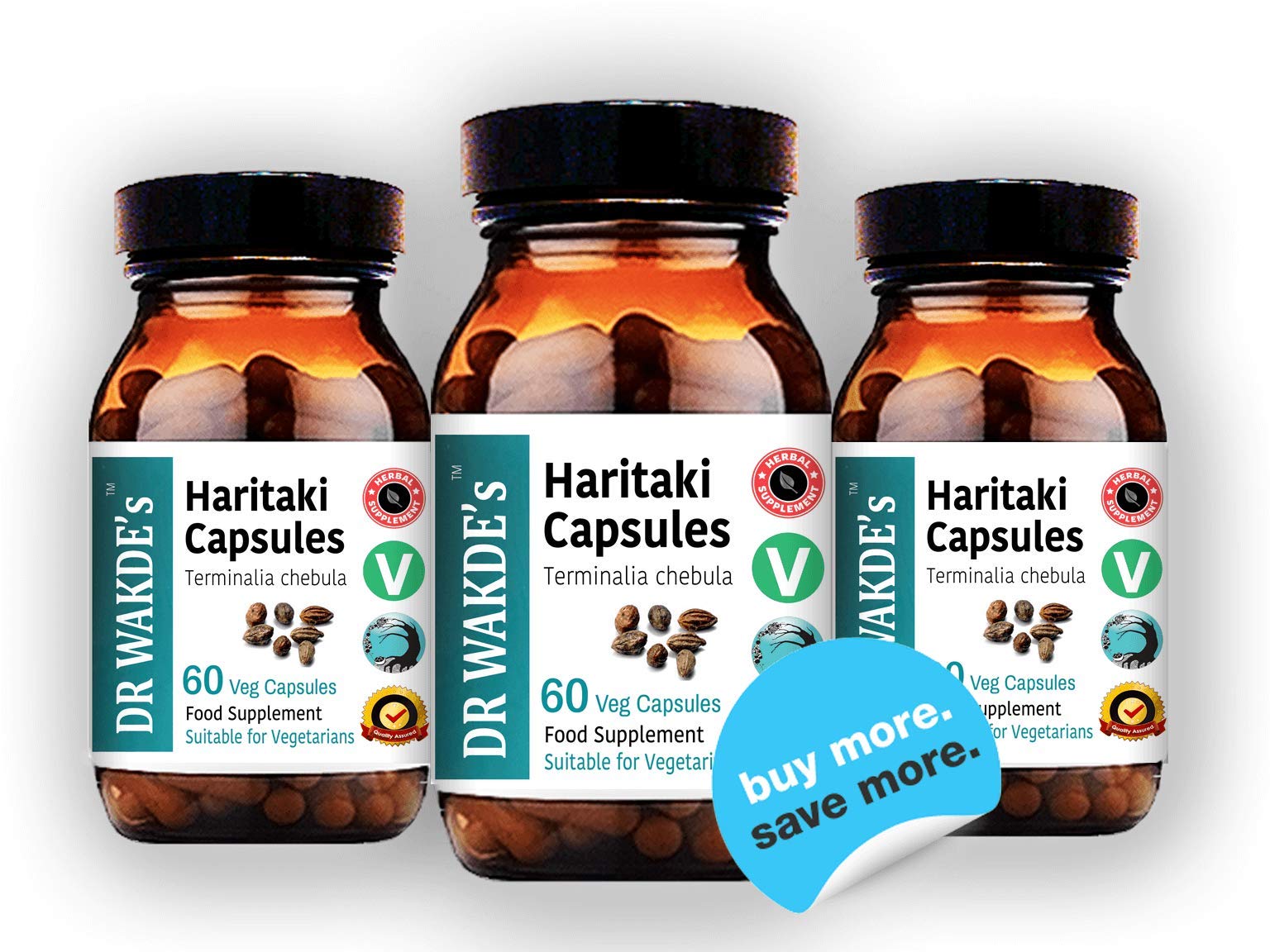 DR WAKDE'S Haritaki ingredients illustration highlights leaves and seeds.