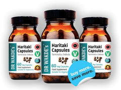 DR WAKDE'S Haritaki ingredients illustration highlights leaves and seeds.