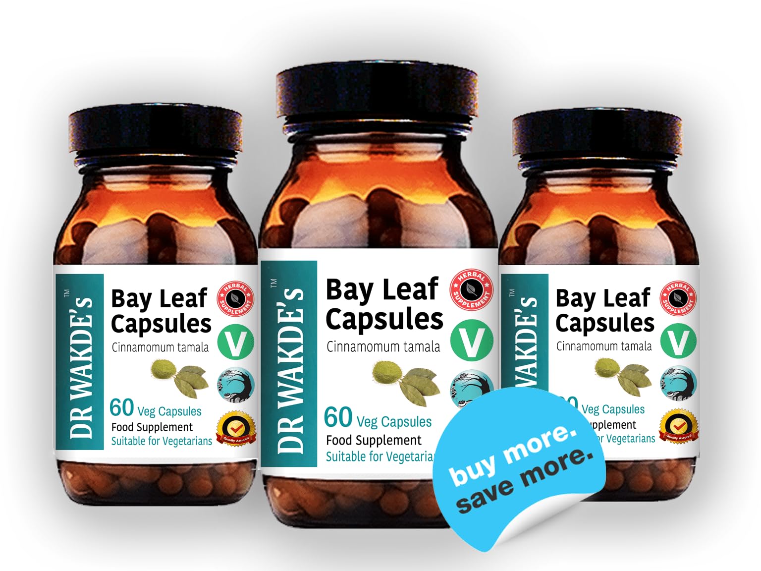 DR WAKDE'S Bay Leaf Capsules on kitchen shelf, ready for daily use.