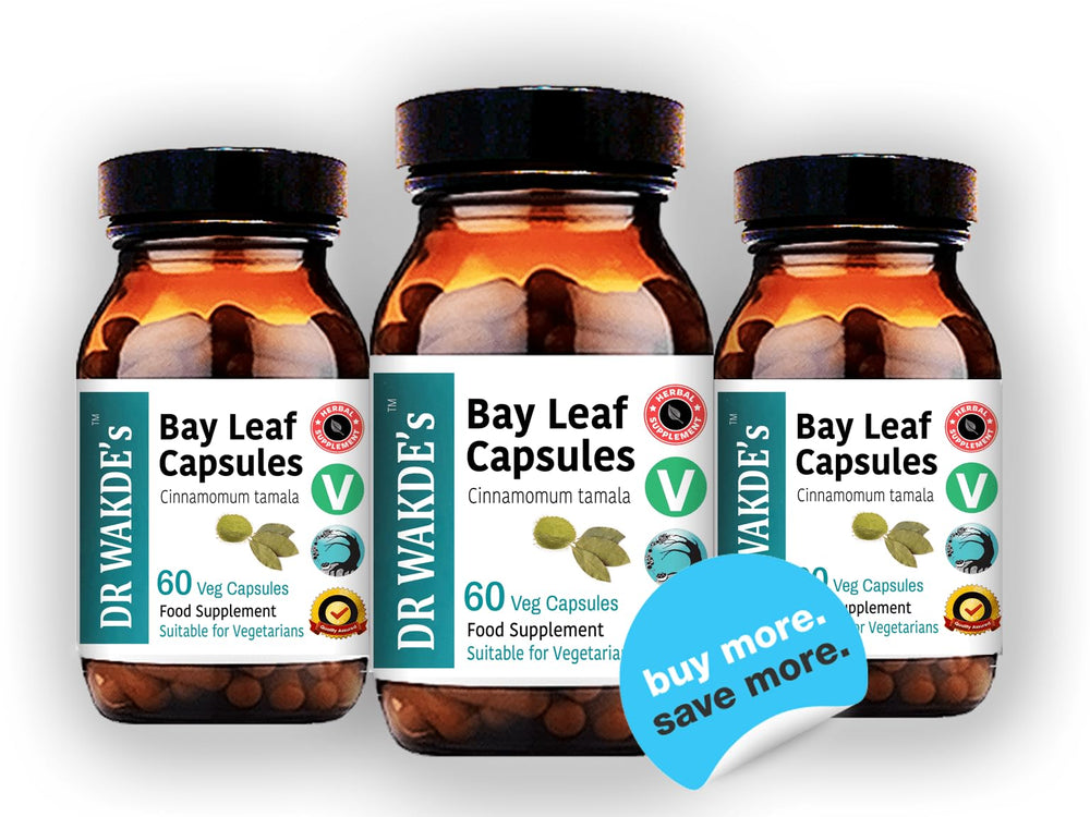 DR WAKDE'S Bay Leaf Capsules on kitchen shelf, ready for daily use.