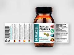 Dried bay leaf leaves inside capsules honor traditional Ayurvedic use.